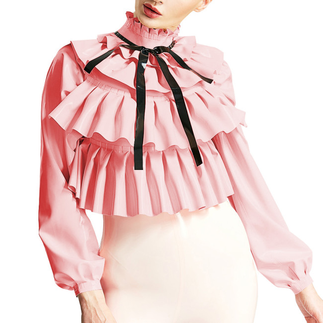 Womens Triple Fold Chic Blouse Ruched Mock Neck Long Sleeve Tops Fashion Layered Ruffles Shirts Wetlook PVC Shirts Streetwear