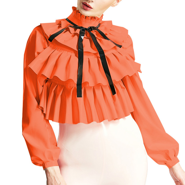 Womens Triple Fold Chic Blouse Ruched Mock Neck Long Sleeve Tops Fashion Layered Ruffles Shirts Wetlook PVC Shirts Streetwear