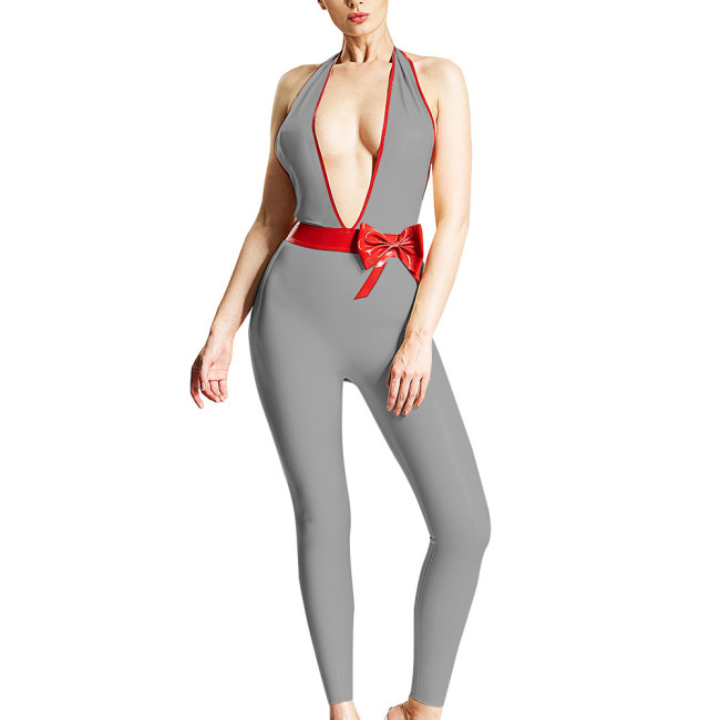 Halter Jumpsuits for Women Sexy Deep V-neck Backless Rompers Fashion Zentai Trims with Pretty Red Bowknot Sex Ravely Party Wear