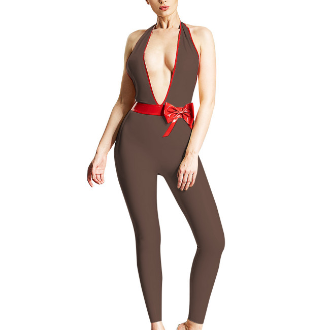 Halter Jumpsuits for Women Sexy Deep V-neck Backless Rompers Fashion Zentai Trims with Pretty Red Bowknot Sex Ravely Party Wear