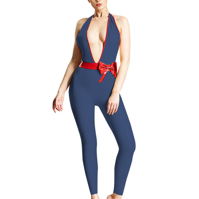 Halter Jumpsuits for Women Sexy Deep V-neck Backless Rompers Fashion Zentai Trims with Pretty Red Bowknot Sex Ravely Party Wear