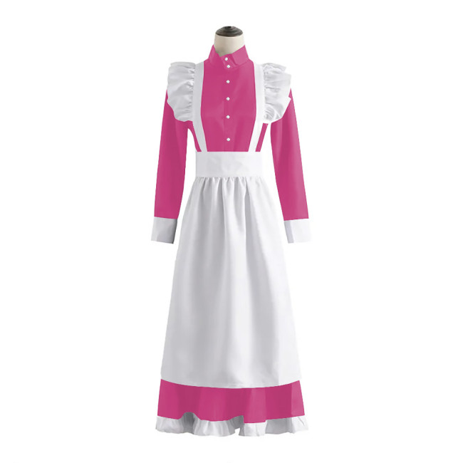 Sissy Satin French Maid Dress with Ruffled Apron Unisex Adult High Neck Single-breasted Maid Uniforms Exotic Cosplay Costume 7XL