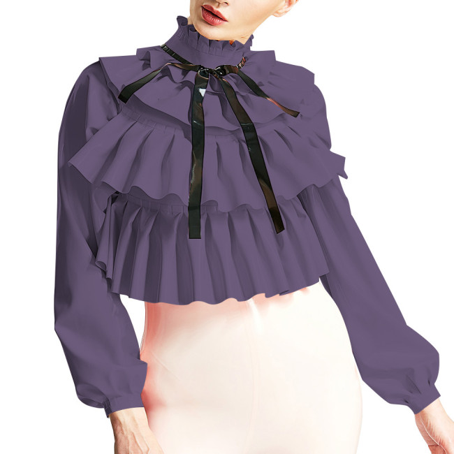 Womens Triple Fold Chic Blouse Ruched Mock Neck Long Sleeve Tops Fashion Layered Ruffles Shirts Wetlook PVC Shirts Streetwear