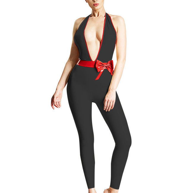 Halter Jumpsuits for Women Sexy Deep V-neck Backless Rompers Fashion Zentai Trims with Pretty Red Bowknot Sex Ravely Party Wear