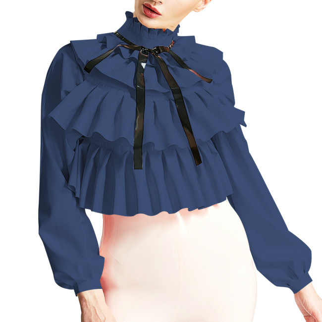 Womens Triple Fold Chic Blouse Ruched Mock Neck Long Sleeve Tops Fashion Layered Ruffles Shirts Wetlook PVC Shirts Streetwear