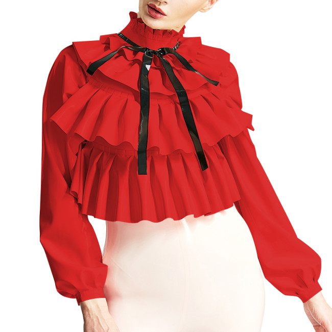 Womens Triple Fold Chic Blouse Ruched Mock Neck Long Sleeve Tops Fashion Layered Ruffles Shirts Wetlook PVC Shirts Streetwear