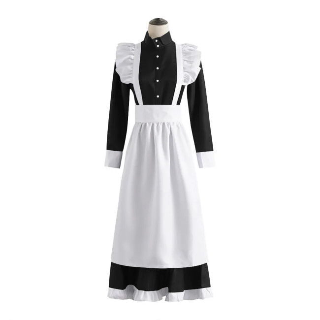 Sissy Satin French Maid Dress with Ruffled Apron Unisex Adult High Neck Single-breasted Maid Uniforms Exotic Cosplay Costume 7XL