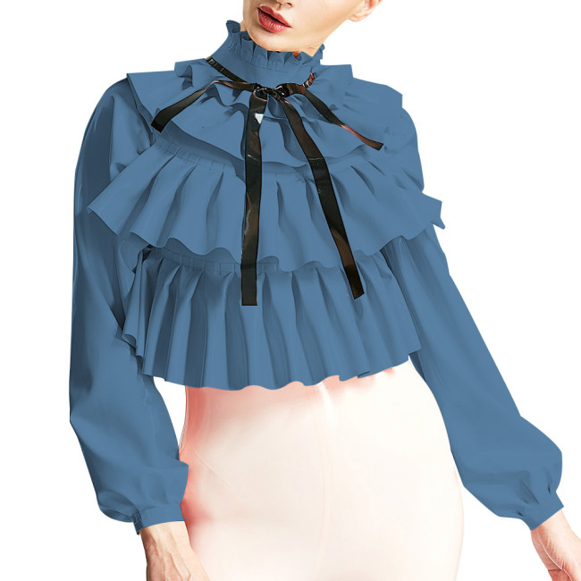 Womens Triple Fold Chic Blouse Ruched Mock Neck Long Sleeve Tops Fashion Layered Ruffles Shirts Wetlook PVC Shirts Streetwear
