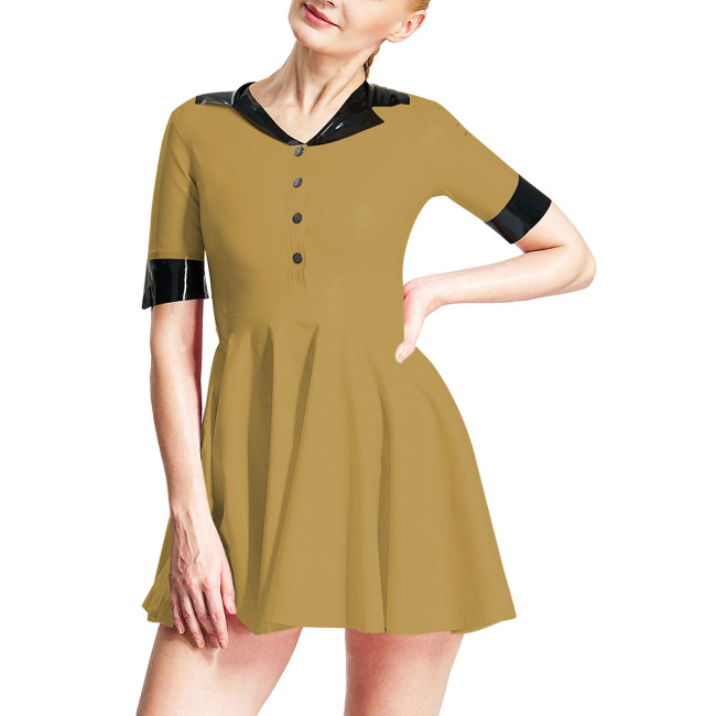 Causal Fashion A-line Ruffled Mini Dress Single-breasted V-neck Slim Fit Dress Wet Half Sleeve PVC Leather Daily Outdoor Clothes