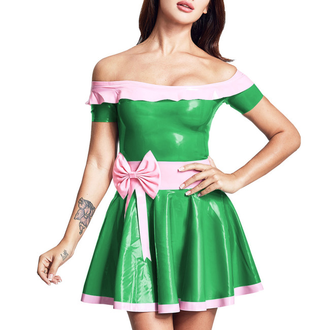 Women Fashion A-Line Dresses Sexy Off Shoulder Mini Dress Trims with Pink Bowknot Wet PVC Leather Pleated Vestido Cocktail Gown