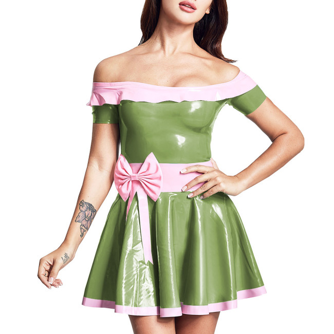 Women Fashion A-Line Dresses Sexy Off Shoulder Mini Dress Trims with Pink Bowknot Wet PVC Leather Pleated Vestido Cocktail Gown