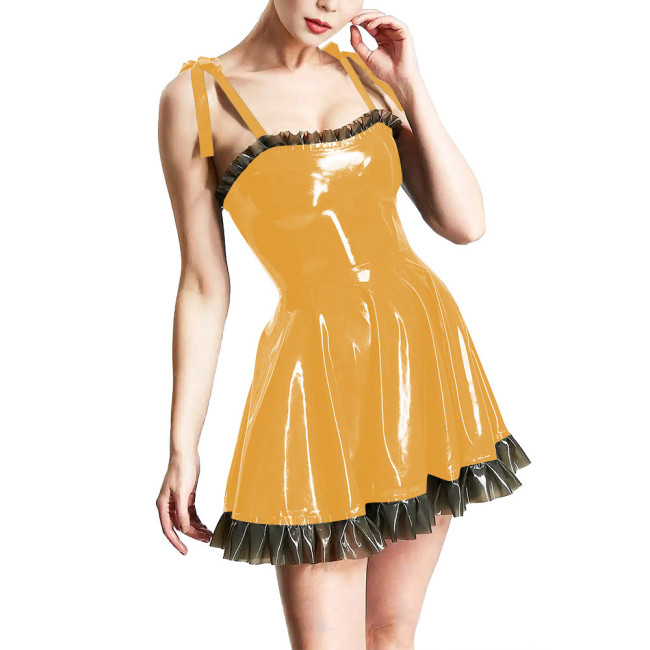 Women's Spaghetti Strap Sexy Dress Patent PVC Leather Ruffled A-line Bodycon Dress Fashion Causal Mini Dress Club Party Wear