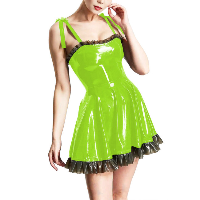 Women's Spaghetti Strap Sexy Dress Patent PVC Leather Ruffled A-line Bodycon Dress Fashion Causal Mini Dress Club Party Wear