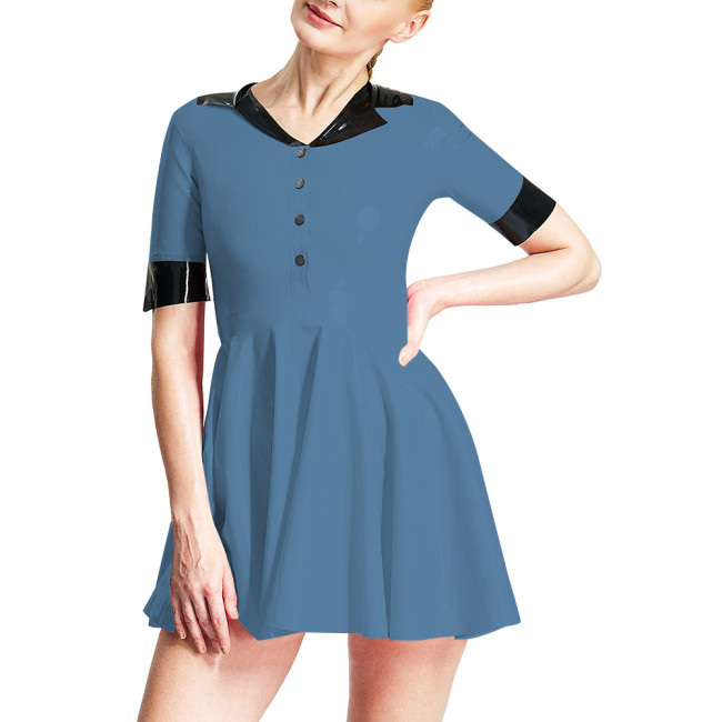 Causal Fashion A-line Ruffled Mini Dress Single-breasted V-neck Slim Fit Dress Wet Half Sleeve PVC Leather Daily Outdoor Clothes