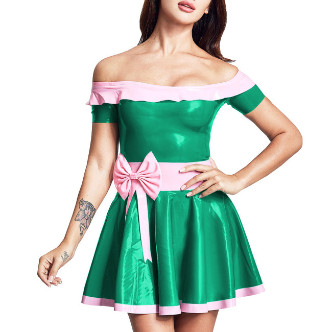 Women Fashion A-Line Dresses Sexy Off Shoulder Mini Dress Trims with Pink Bowknot Wet PVC Leather Pleated Vestido Cocktail Gown
