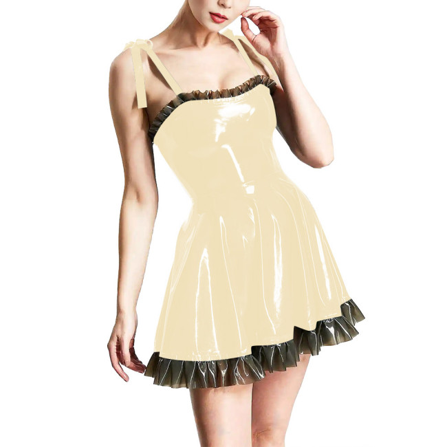 Women's Spaghetti Strap Sexy Dress Patent PVC Leather Ruffled A-line Bodycon Dress Fashion Causal Mini Dress Club Party Wear