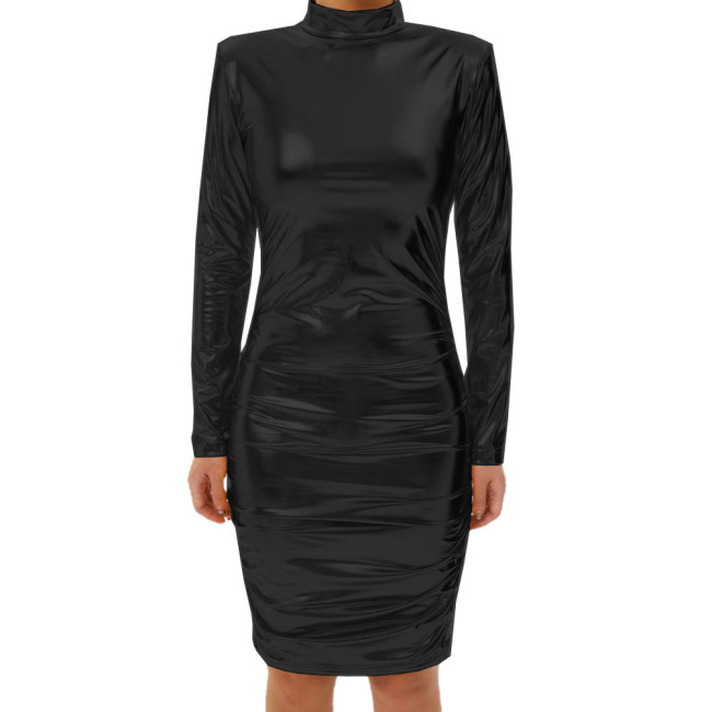 Women's Turtleneck Metallic Shiny Bodycon Dress, Long Sleeve, Vinyl Strecth, Knee-Length, Dress,Cocktail Party,Sexy Club Outfits