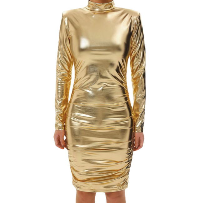 Women's Turtleneck Metallic Shiny Bodycon Dress, Long Sleeve, Vinyl Strecth, Knee-Length, Dress,Cocktail Party,Sexy Club Outfits