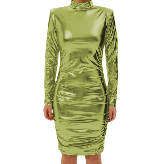 Women's Turtleneck Metallic Shiny Bodycon Dress, Long Sleeve, Vinyl Strecth, Knee-Length, Dress,Cocktail Party,Sexy Club Outfits