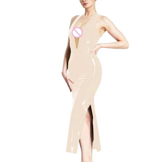 Women Sexy Deep V-neck Sleeveless Halter Maxi Dress Latex Look Erotic High Split Sheath Dress Fashion Skinny Mistress Costume