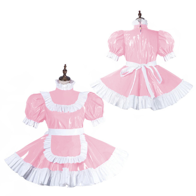 Cross-dresser Lolita Ruffles Maid Uniforms Wetlook Puff Short Sleeve Maid Dress with Lockable Zippers Back Sissy Cosplay Outfits