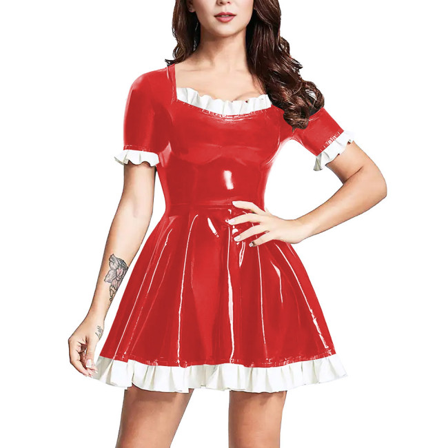 Elegant Ladies Mini Dresses Shiny PVC Leather Short Sleeve Ruffled Dress Womens A-ling Swing High Waist Dress Sweet Vestidos