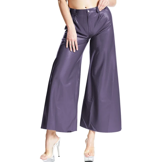 Women Fashion Casual Trousers Patent Leather Ankle-length Loose Pants Strecth Mid-waist Button Baggy Pants Daily Match Bottoms