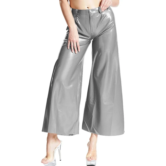 Women Fashion Casual Trousers Patent Leather Ankle-length Loose Pants Strecth Mid-waist Button Baggy Pants Daily Match Bottoms