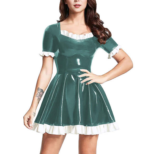 Elegant Ladies Mini Dresses Shiny PVC Leather Short Sleeve Ruffled Dress Womens A-ling Swing High Waist Dress Sweet Vestidos