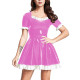 Elegant Ladies Mini Dresses Shiny PVC Leather Short Sleeve Ruffled Dress Womens A-ling Swing High Waist Dress Sweet Vestidos
