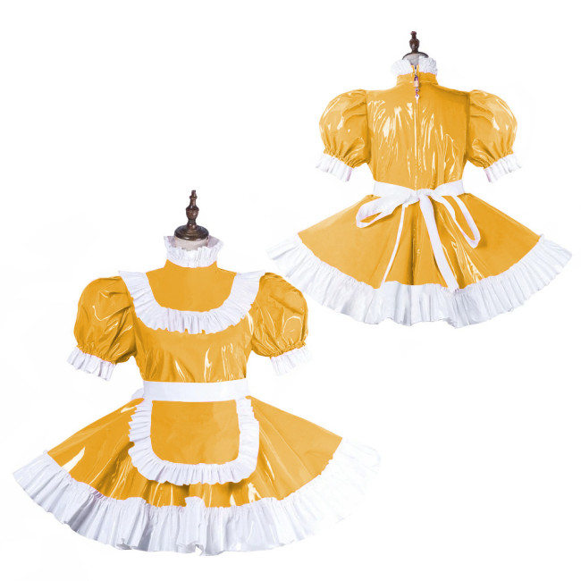Cross-dresser Lolita Ruffles Maid Uniforms Wetlook Puff Short Sleeve Maid Dress with Lockable Zippers Back Sissy Cosplay Outfits