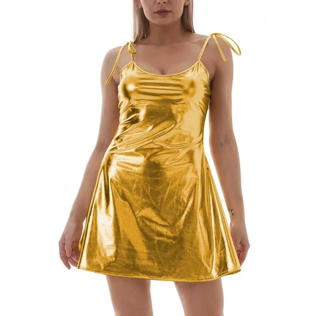 Metallic Shiny Womens Mini Slip Dress Fashion Sexy Sparkly Camisole Dress Nightclub Pole Dancing Stage Mini Dresses Clubwear