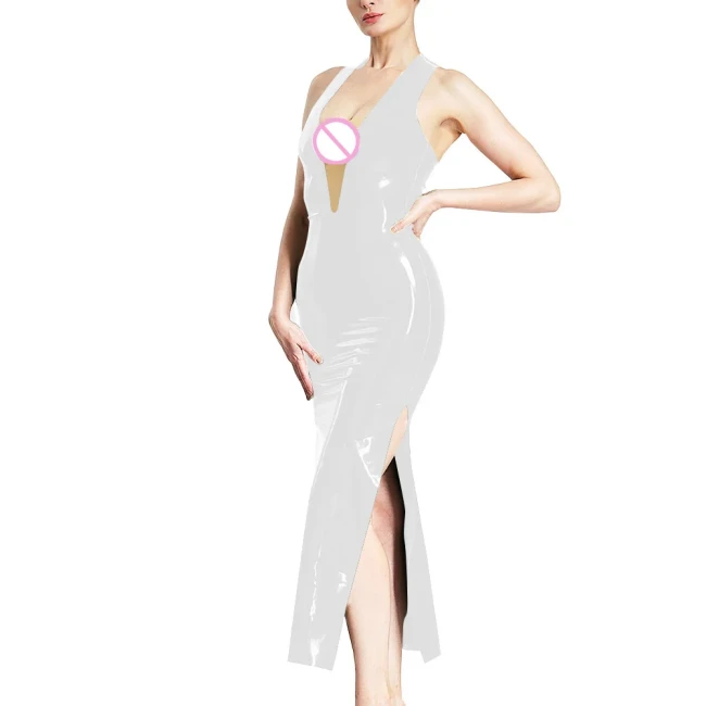 Women Sexy Deep V-neck Sleeveless Halter Maxi Dress Latex Look Erotic High Split Sheath Dress Fashion Skinny Mistress Costume