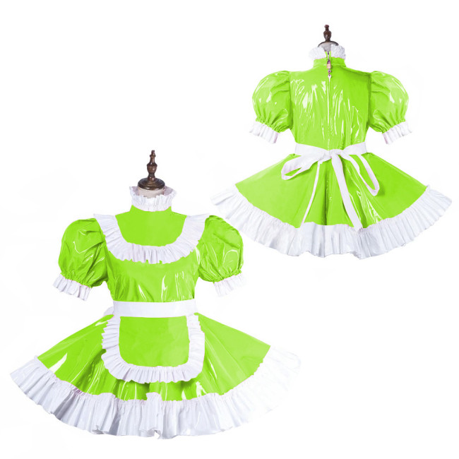 Cross-dresser Lolita Ruffles Maid Uniforms Wetlook Puff Short Sleeve Maid Dress with Lockable Zippers Back Sissy Cosplay Outfits