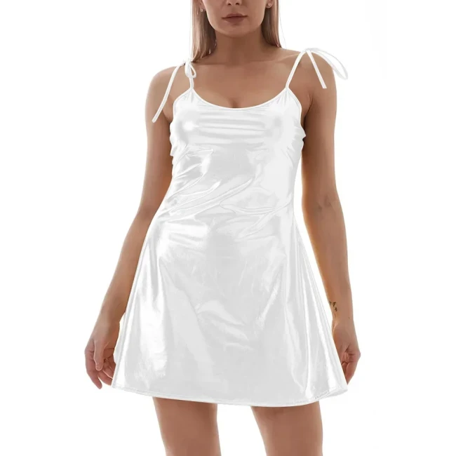 Metallic Shiny Womens Mini Slip Dress Fashion Sexy Sparkly Camisole Dress Nightclub Pole Dancing Stage Mini Dresses Clubwear