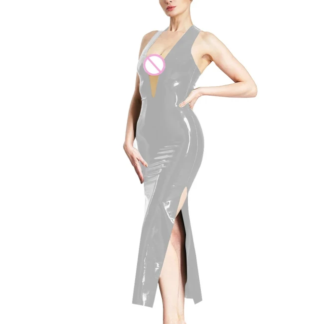 Women Sexy Deep V-neck Sleeveless Halter Maxi Dress Latex Look Erotic High Split Sheath Dress Fashion Skinny Mistress Costume