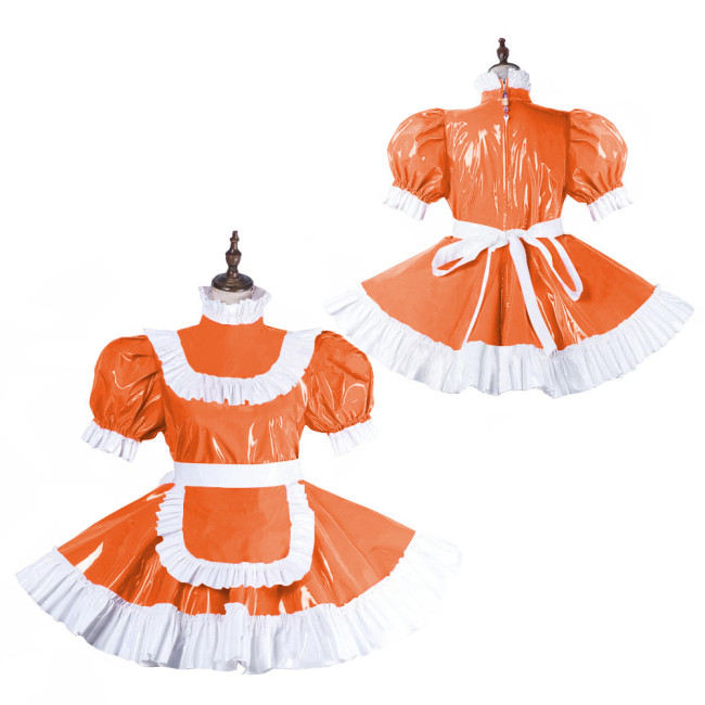 Cross-dresser Lolita Ruffles Maid Uniforms Wetlook Puff Short Sleeve Maid Dress with Lockable Zippers Back Sissy Cosplay Outfits