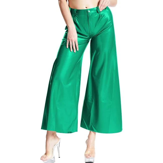 Women Fashion Casual Trousers Patent Leather Ankle-length Loose Pants Strecth Mid-waist Button Baggy Pants Daily Match Bottoms