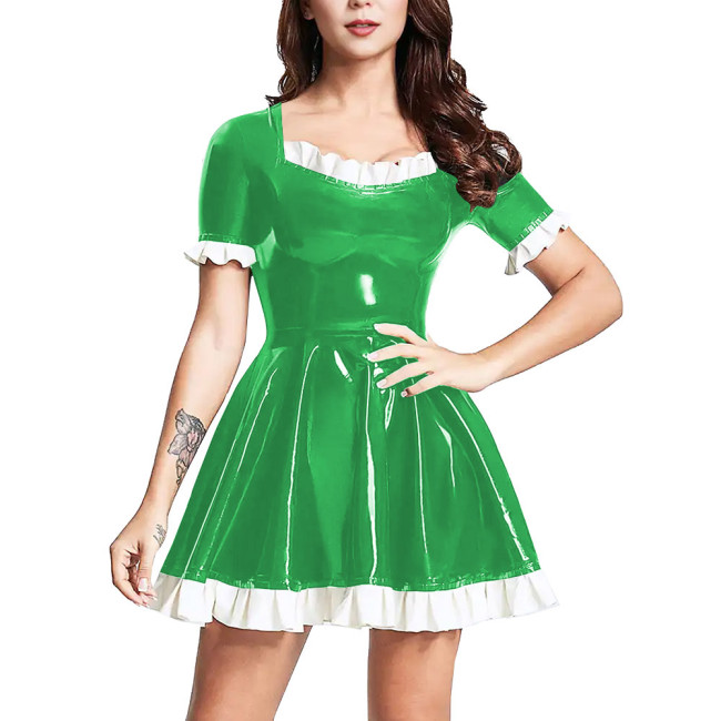 Elegant Ladies Mini Dresses Shiny PVC Leather Short Sleeve Ruffled Dress Womens A-ling Swing High Waist Dress Sweet Vestidos