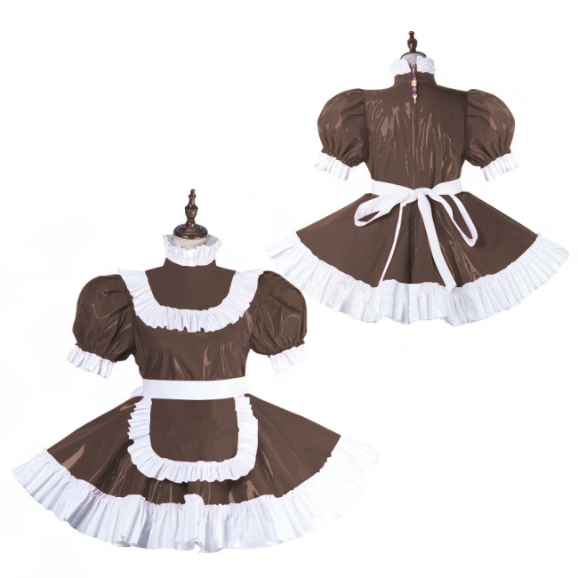 Cross-dresser Lolita Ruffles Maid Uniforms Wetlook Puff Short Sleeve Maid Dress with Lockable Zippers Back Sissy Cosplay Outfits