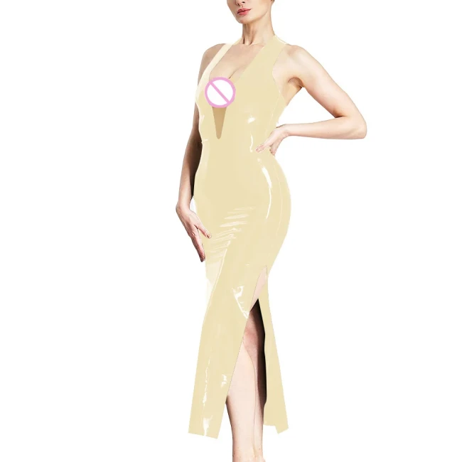 Women Sexy Deep V-neck Sleeveless Halter Maxi Dress Latex Look Erotic High Split Sheath Dress Fashion Skinny Mistress Costume