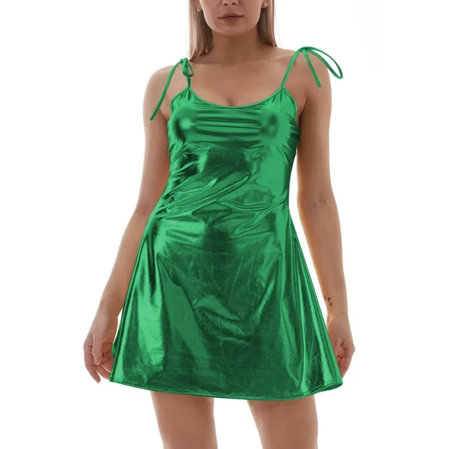 Metallic Shiny Womens Mini Slip Dress Fashion Sexy Sparkly Camisole Dress Nightclub Pole Dancing Stage Mini Dresses Clubwear