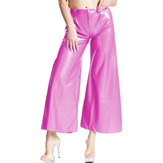 Women Fashion Casual Trousers Patent Leather Ankle-length Loose Pants Strecth Mid-waist Button Baggy Pants Daily Match Bottoms