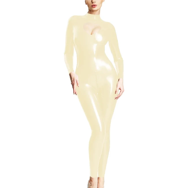 Wetlook Open Crotch Zipper Catsuit PVC Faux Leather Long Sleeve Jumpsuit Women Front Hollow Out Bodysuit Pole Dance Nightclub