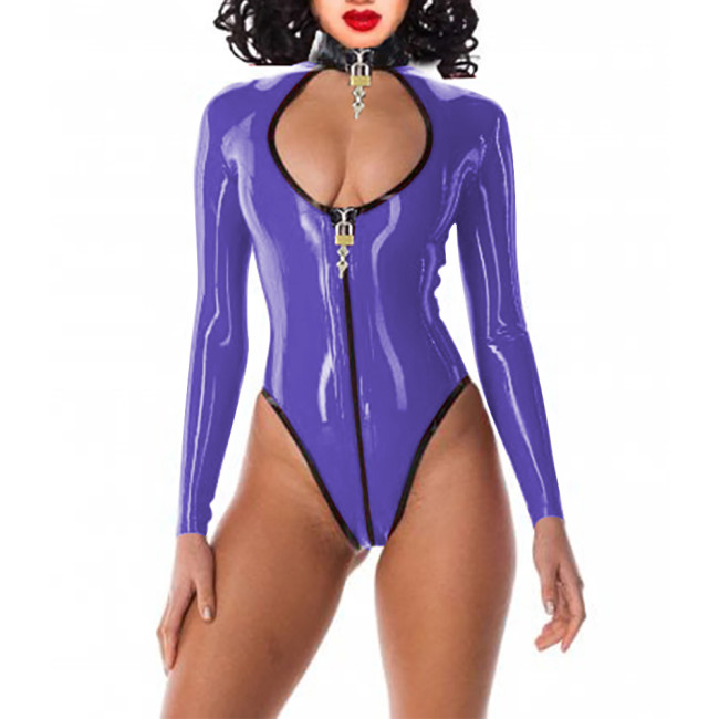 Exotic Lockable Bodysuit Sissy Long Sleeved Mock Neck Rompers Party One Piece Cutout Front Catsuit Rave Club Pole Dance Leotard
