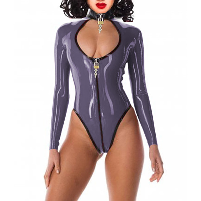 Exotic Lockable Bodysuit Sissy Long Sleeved Mock Neck Rompers Party One Piece Cutout Front Catsuit Rave Club Pole Dance Leotard
