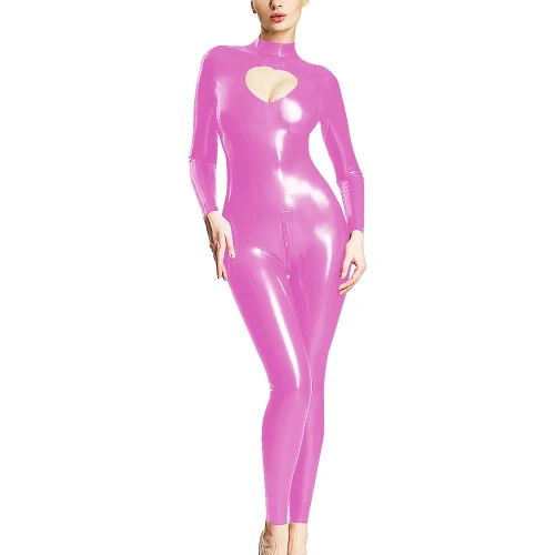 Wetlook Open Crotch Zipper Catsuit PVC Faux Leather Long Sleeve Jumpsuit Women Front Hollow Out Bodysuit Pole Dance Nightclub