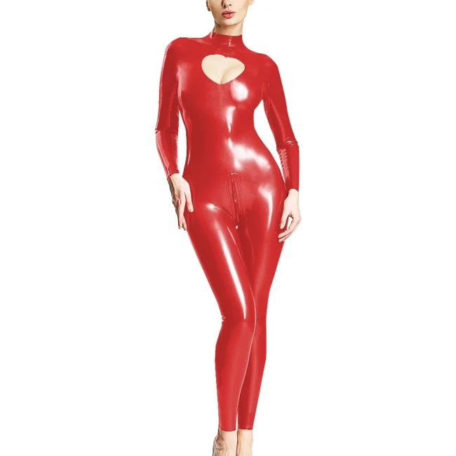 Wetlook Open Crotch Zipper Catsuit PVC Faux Leather Long Sleeve Jumpsuit Women Front Hollow Out Bodysuit Pole Dance Nightclub