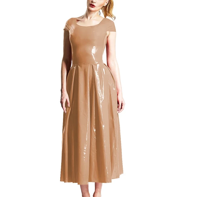 Elegant Party Solid Color Midi Dresses Ladies Crew Neck Cinched Waist Dress PVC Shiny Short Sleeved Long Flared Dress Vestidos