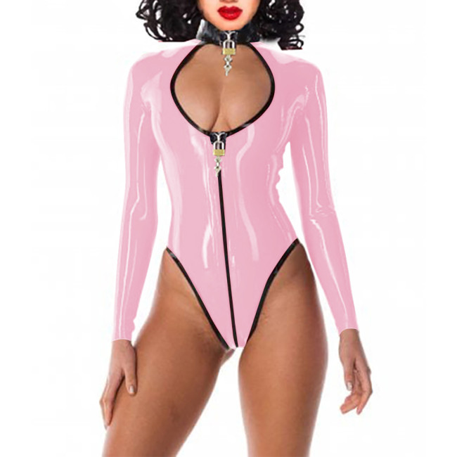 Exotic Lockable Bodysuit Sissy Long Sleeved Mock Neck Rompers Party One Piece Cutout Front Catsuit Rave Club Pole Dance Leotard